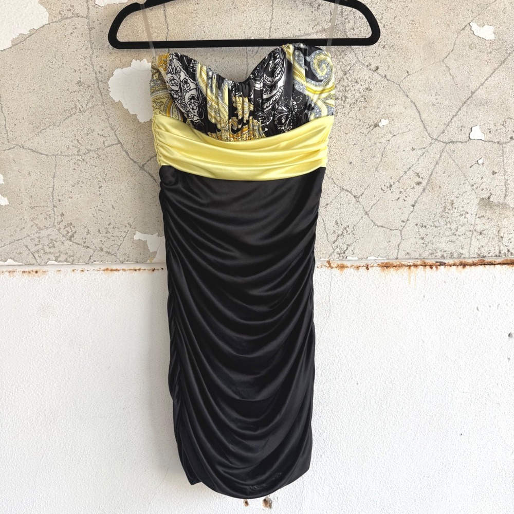 Y2K Mini Dress Strapless Bodycon Paisley Vtg Clubwear Speechless Ruched Party